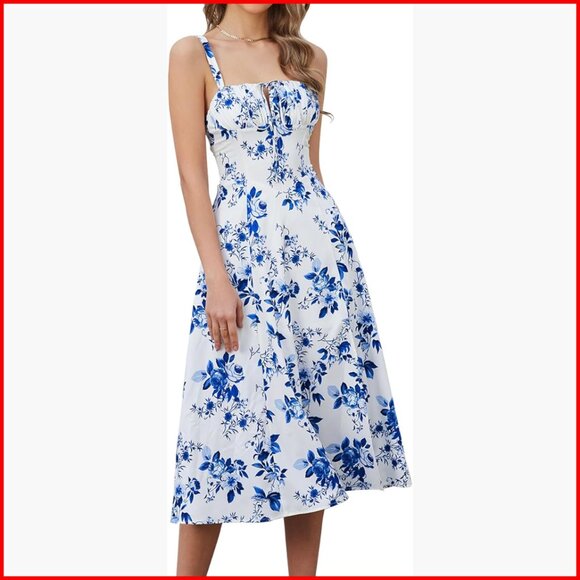 Floral Midi Corset Dress Lace Up Back Slit Casual Sundress Wedding Guest